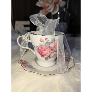 Limited Edition Pacifica Teaware Square Teacup & Saucer w/Pink Roses & Gold Rim